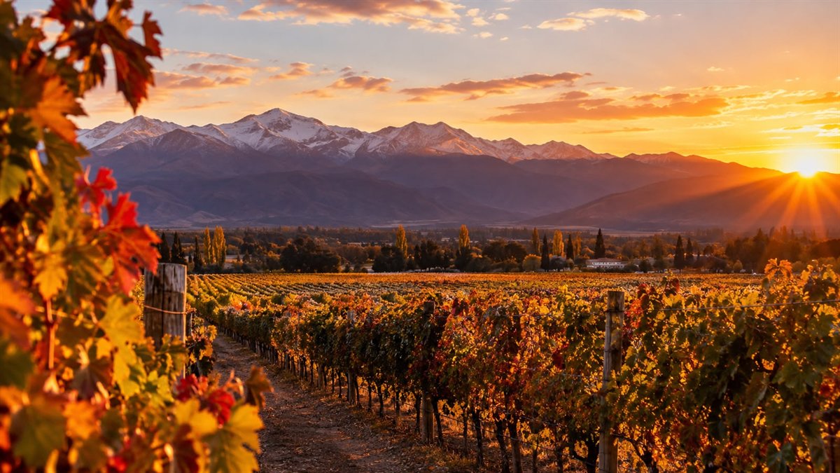 Viñedos mendocinos al atardecer, con la cordillera de los Andes nevada al fondo
